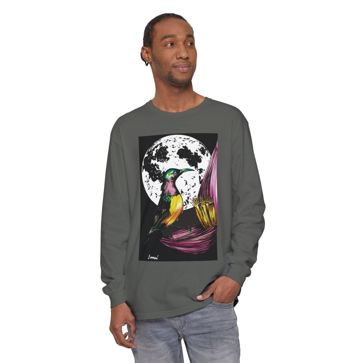 Moonlit Hummingbird Long Sleeve T-Shirt - Unisex Botanical Art Tee - Curran Artworks