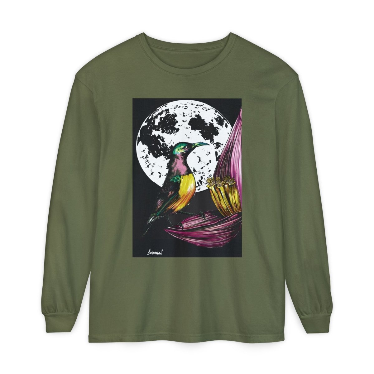 Moonlit Hummingbird Long Sleeve T-Shirt - Unisex Botanical Art Tee - Curran Artworks