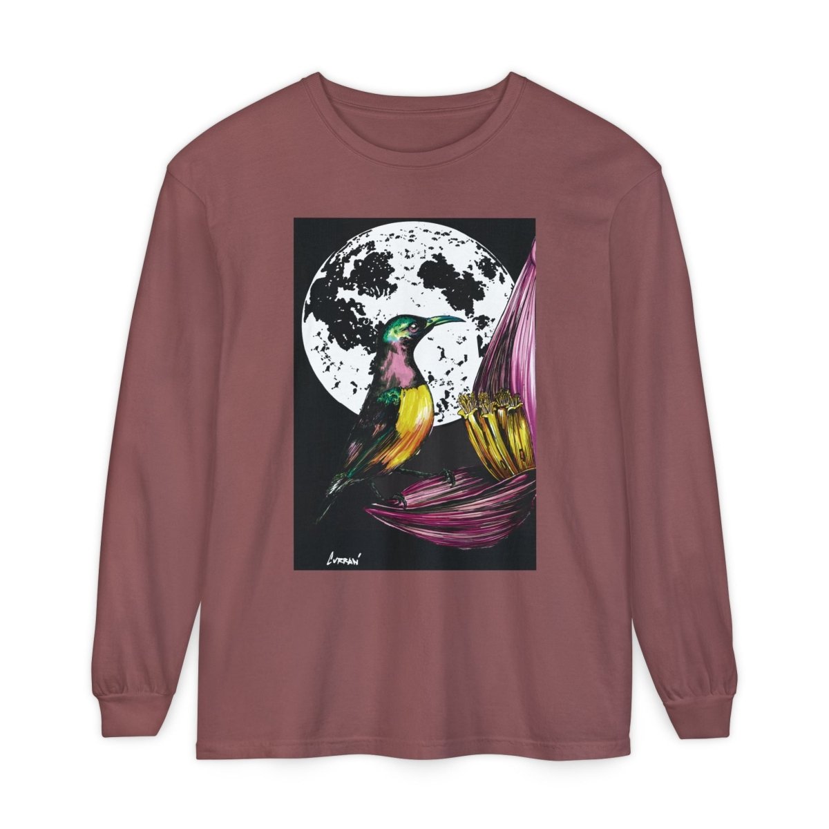 Moonlit Hummingbird Long Sleeve T-Shirt - Unisex Botanical Art Tee - Curran Artworks