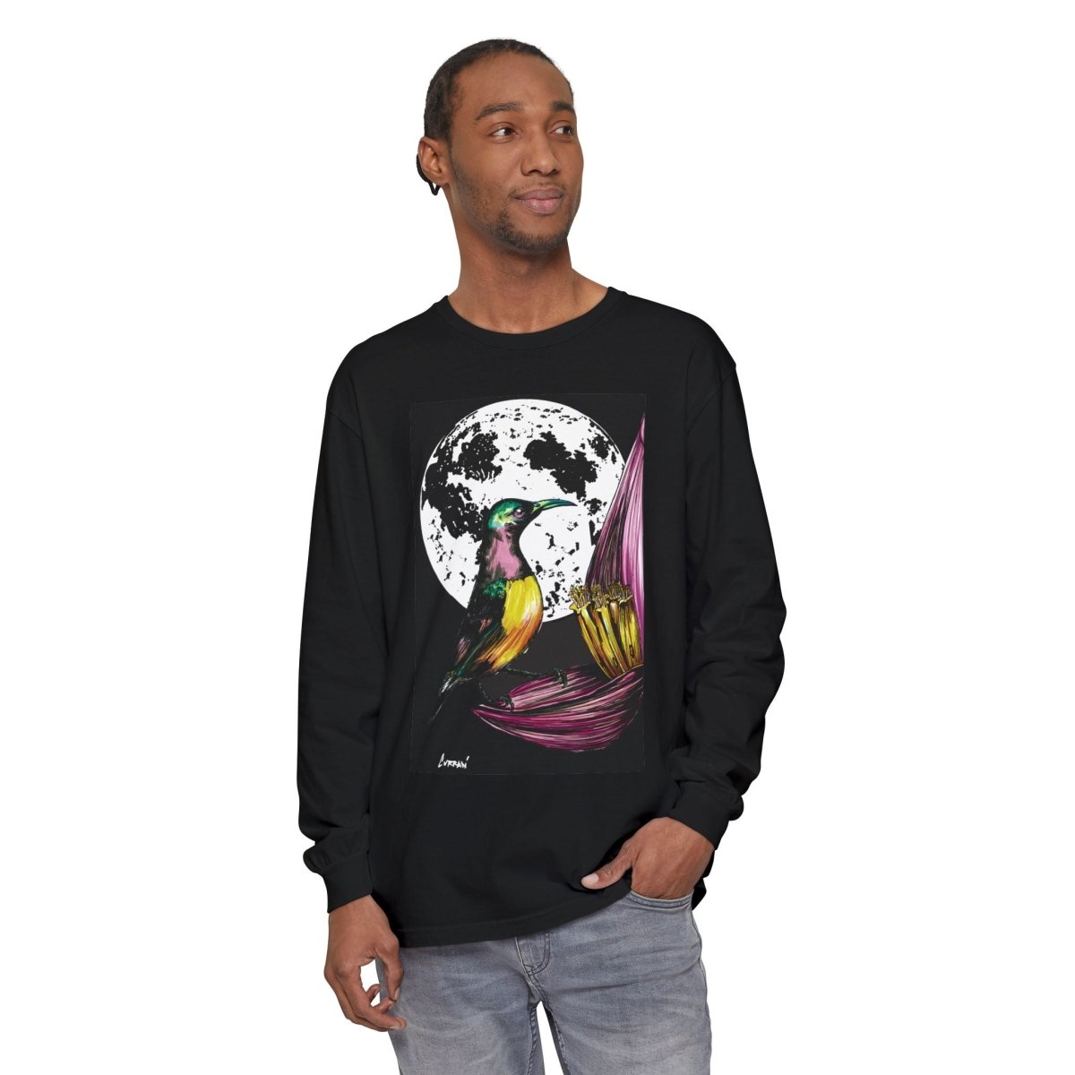 Moonlit Hummingbird Long Sleeve T-Shirt - Unisex Botanical Art Tee - Curran Artworks