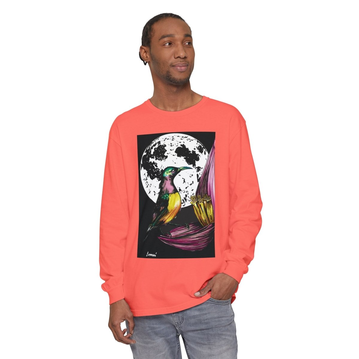 Moonlit Hummingbird Long Sleeve T-Shirt - Unisex Botanical Art Tee - Curran Artworks
