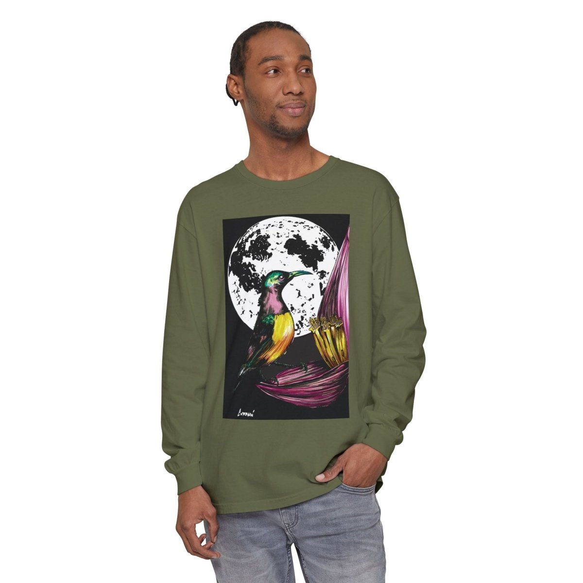 Moonlit Hummingbird Long Sleeve T-Shirt - Unisex Botanical Art Tee - Curran Artworks