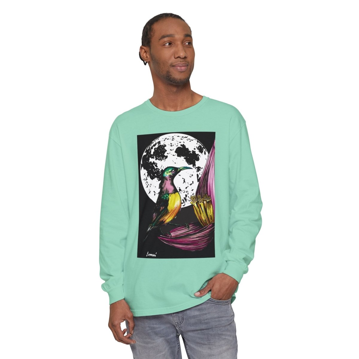 Moonlit Hummingbird Long Sleeve T-Shirt - Unisex Botanical Art Tee - Curran Artworks