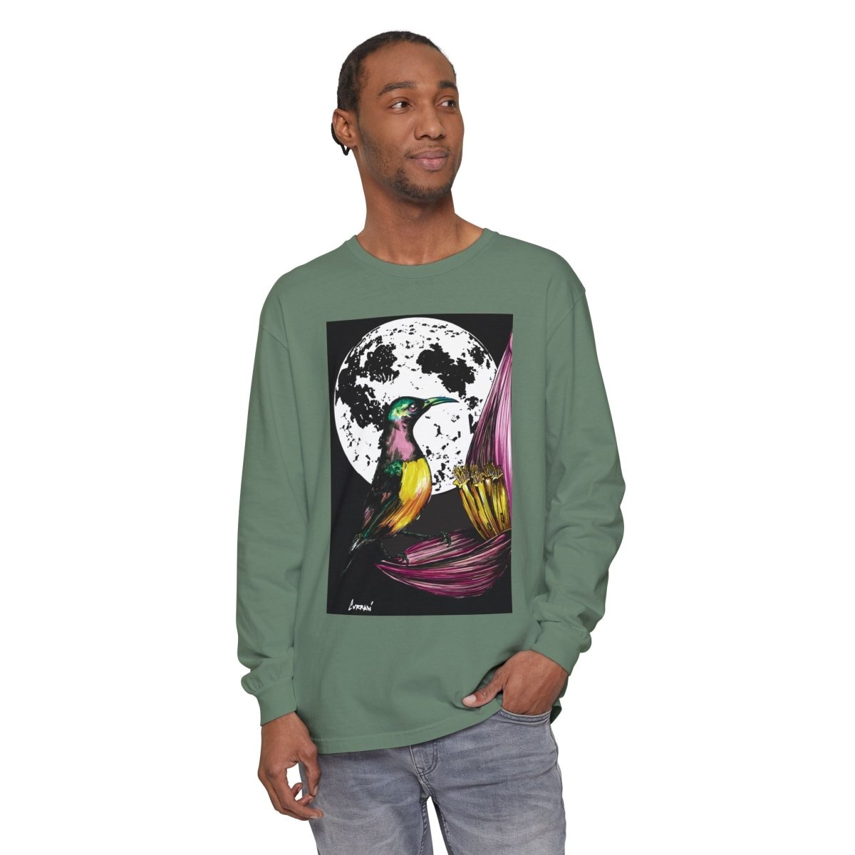 Moonlit Hummingbird Long Sleeve T-Shirt - Unisex Botanical Art Tee - Curran Artworks