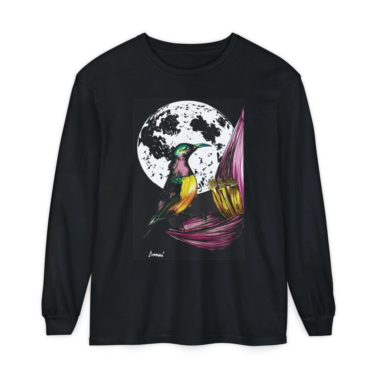 Moonlit Hummingbird Long Sleeve T-Shirt - Unisex Botanical Art Tee - Curran Artworks