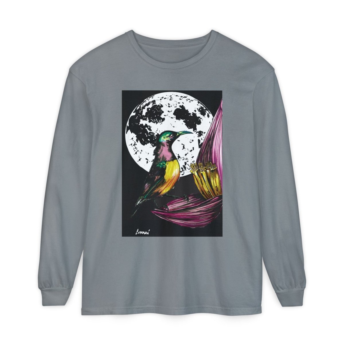 Moonlit Hummingbird Long Sleeve T-Shirt - Unisex Botanical Art Tee - Curran Artworks