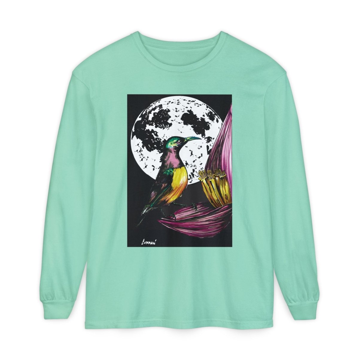 Moonlit Hummingbird Long Sleeve T-Shirt - Unisex Botanical Art Tee - Curran Artworks