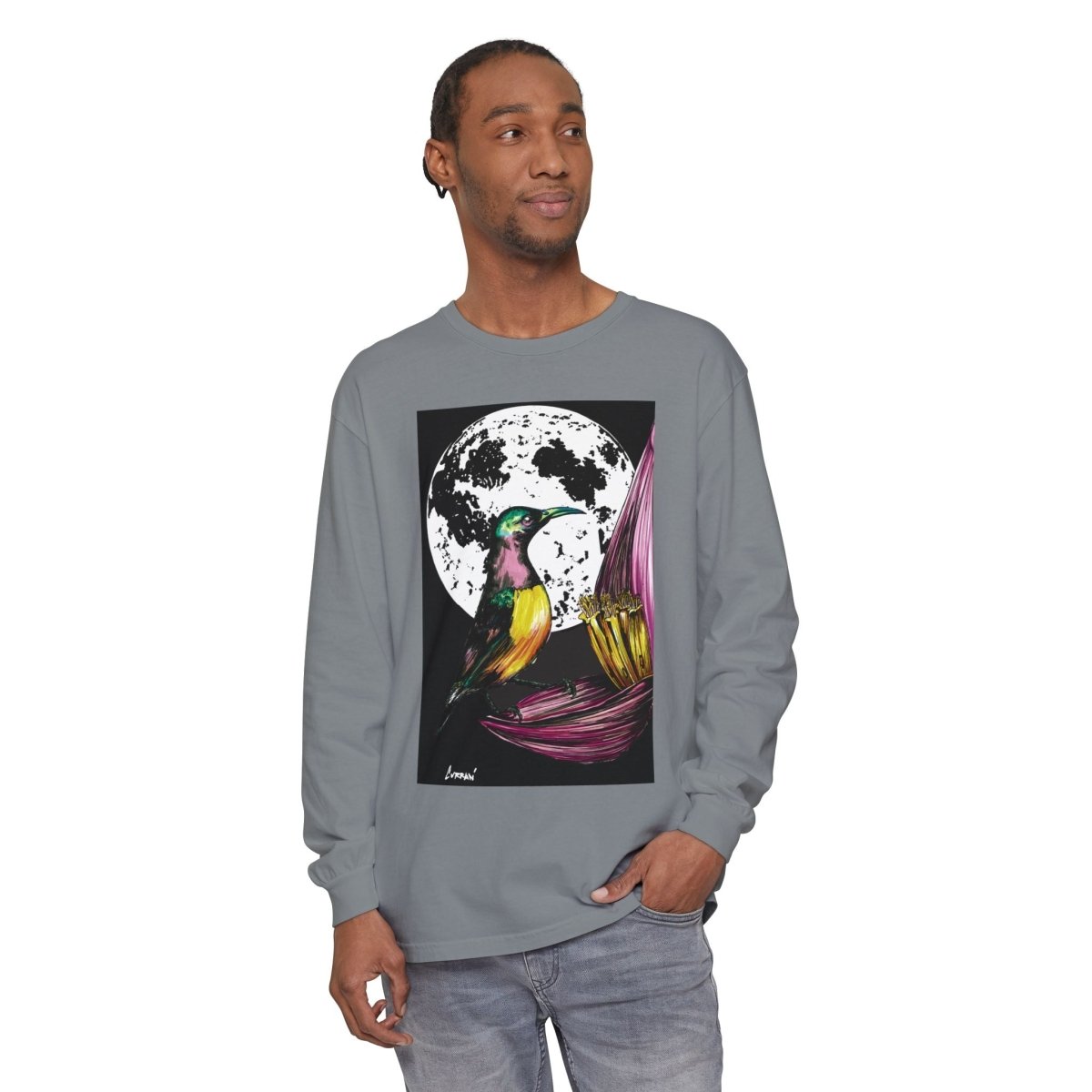 Moonlit Hummingbird Long Sleeve T-Shirt - Unisex Botanical Art Tee - Curran Artworks