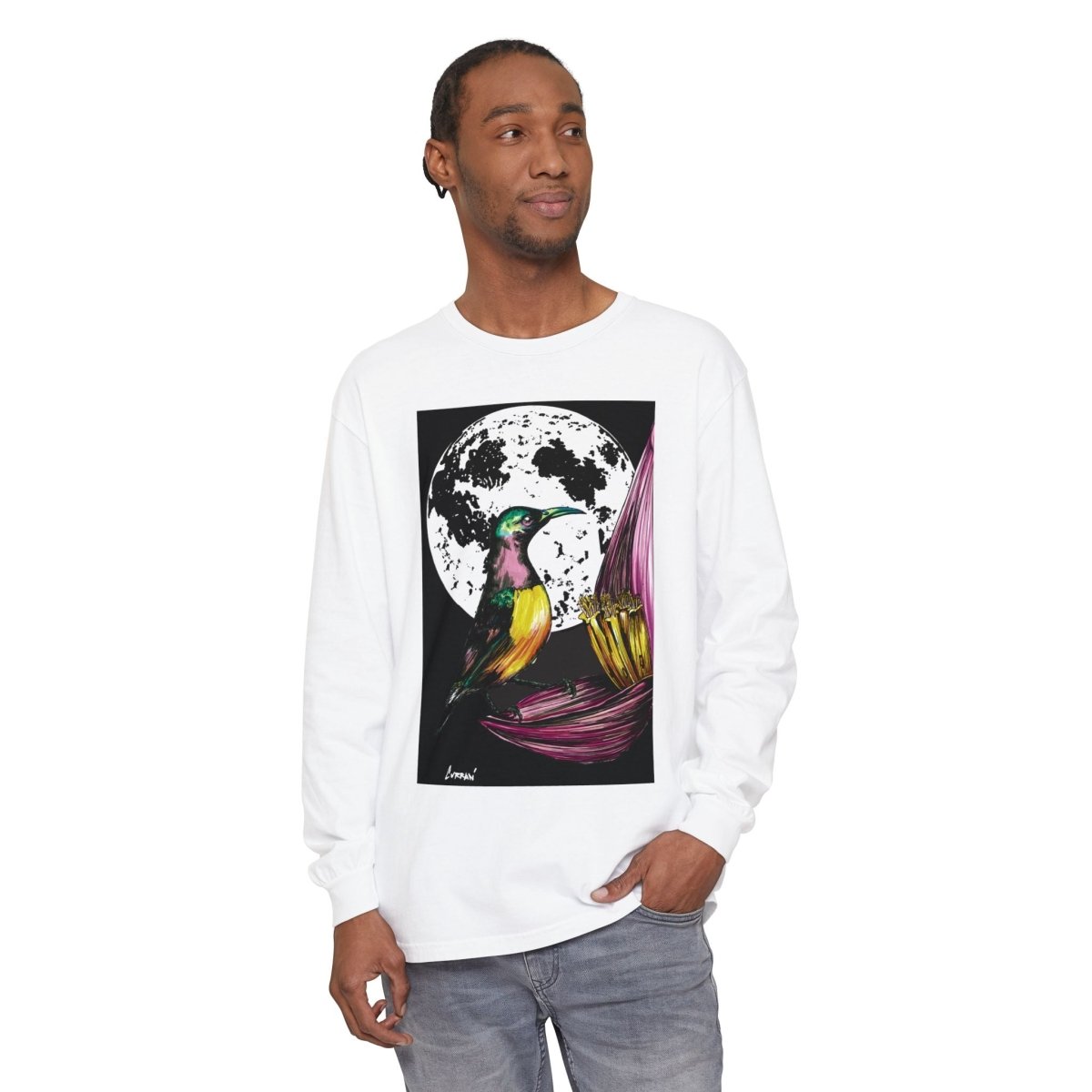Moonlit Hummingbird Long Sleeve T-Shirt - Unisex Botanical Art Tee - Curran Artworks
