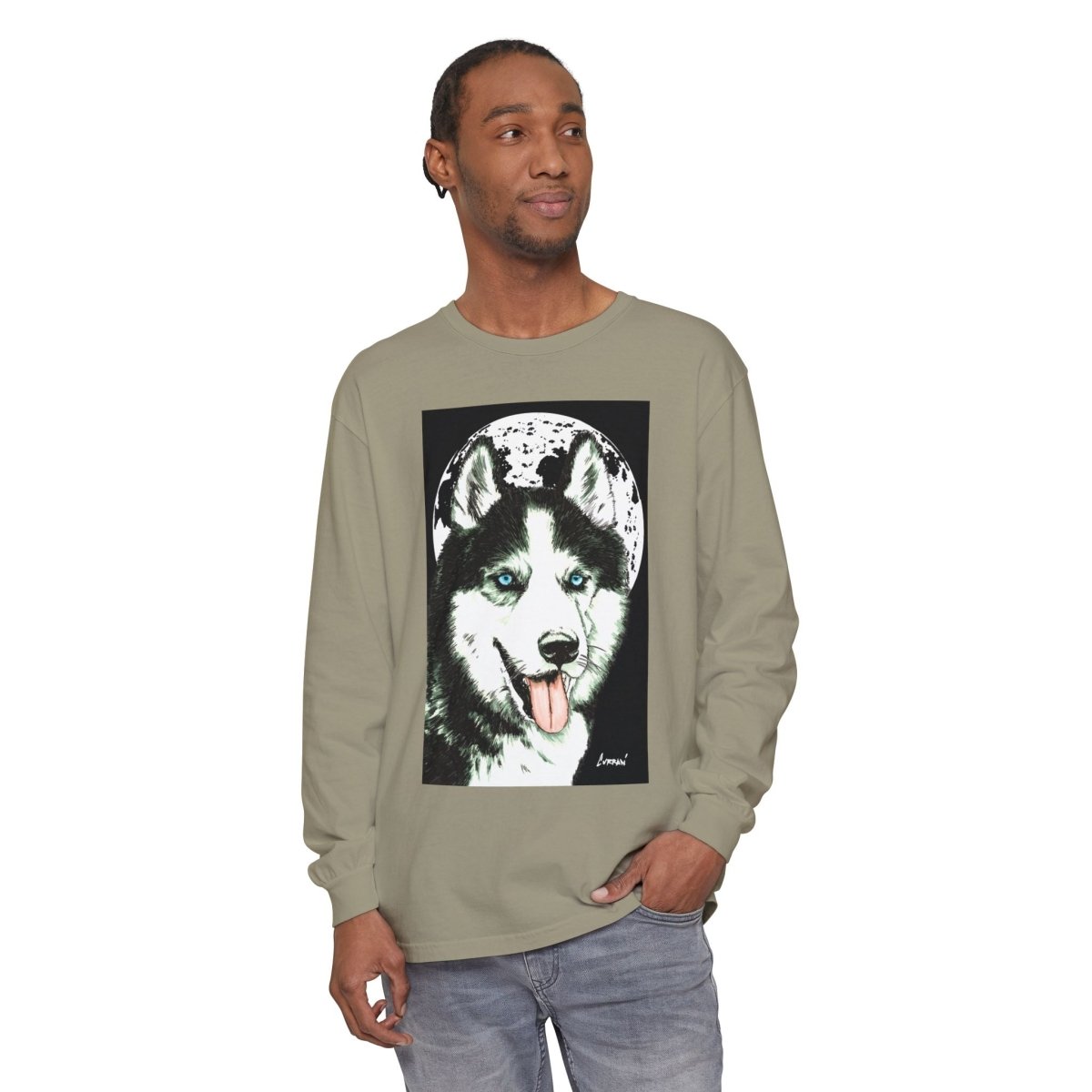 Moonlit Husky Long Sleeve T-Shirt | Cozy Unisex Graphic Tee for Dog Lovers - Curran Artworks