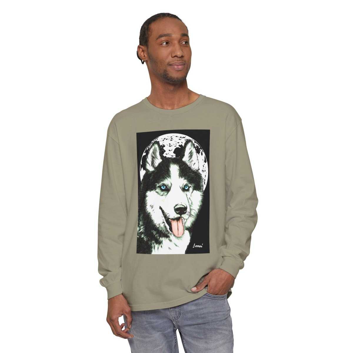 Moonlit Husky Long Sleeve T-Shirt | Cozy Unisex Graphic Tee for Dog Lovers - Curran Artworks