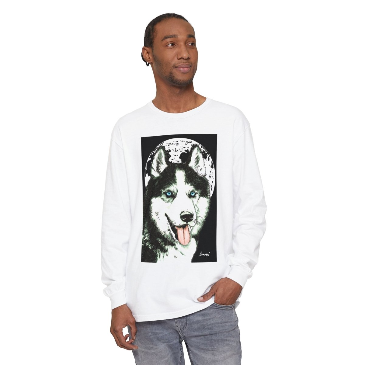 Moonlit Husky Long Sleeve T-Shirt | Cozy Unisex Graphic Tee for Dog Lovers - Curran Artworks