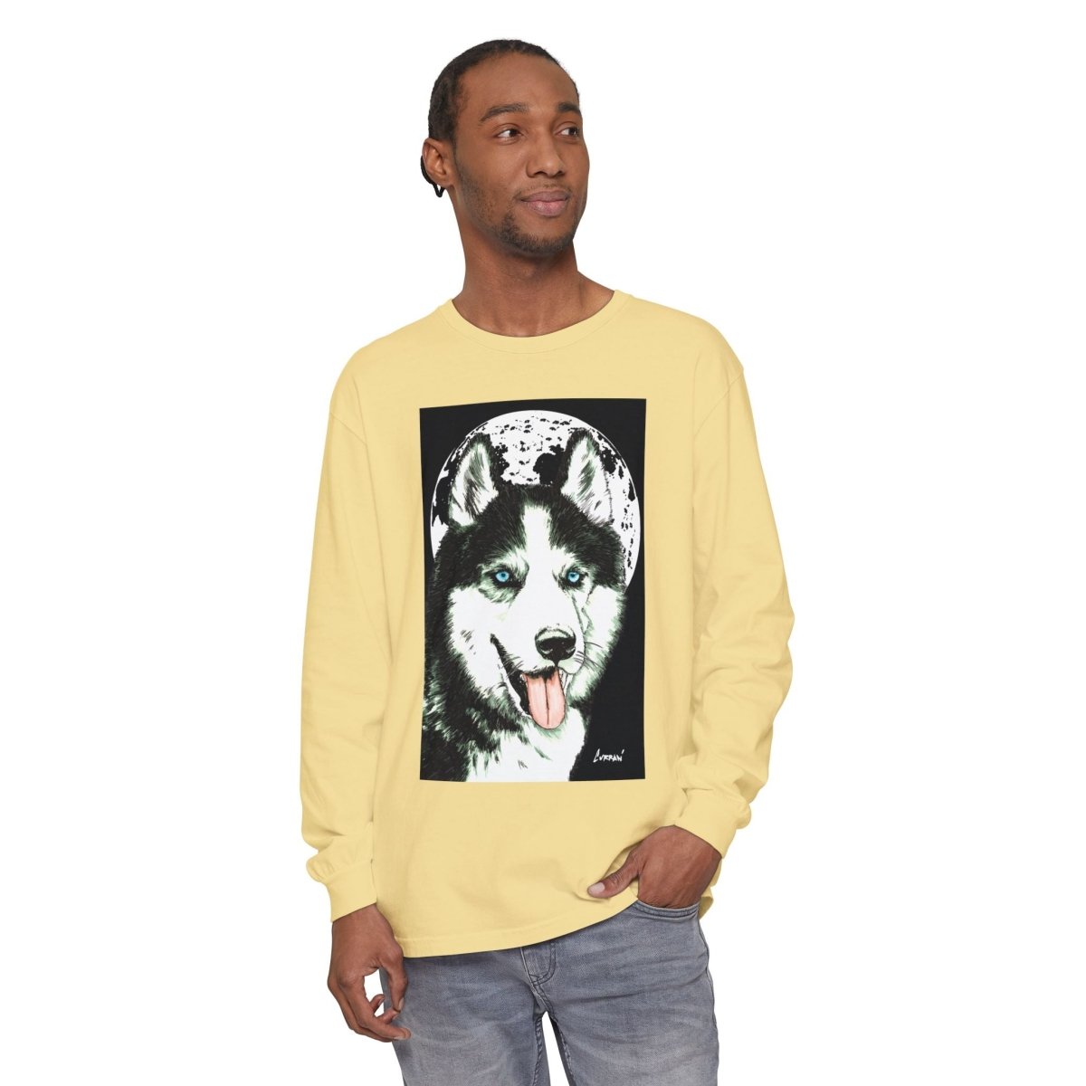 Moonlit Husky Long Sleeve T-Shirt | Cozy Unisex Graphic Tee for Dog Lovers - Curran Artworks