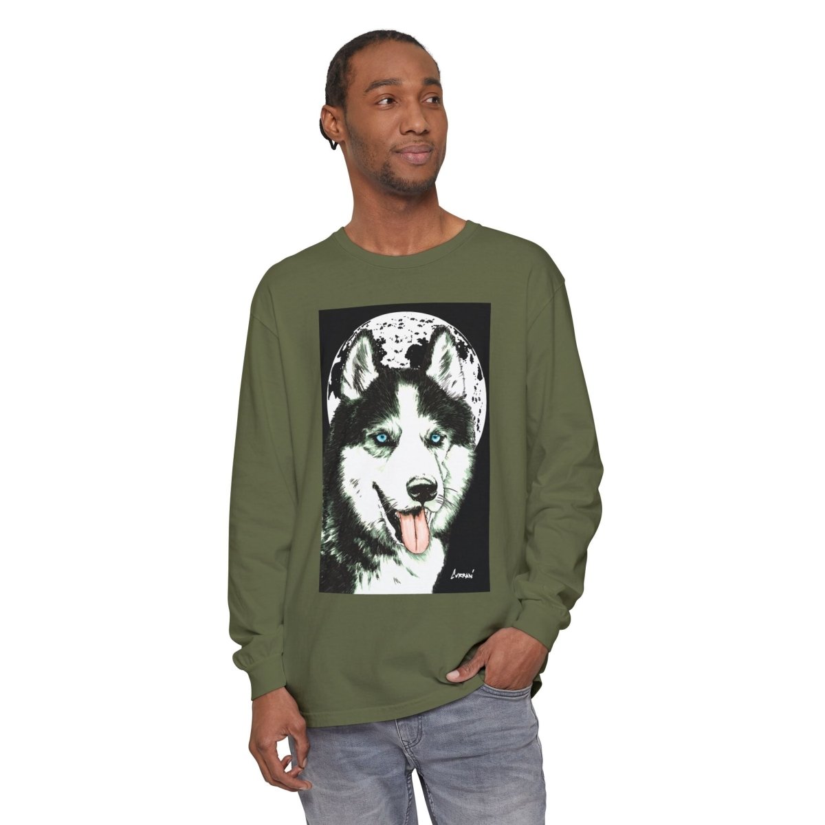 Moonlit Husky Long Sleeve T-Shirt | Cozy Unisex Graphic Tee for Dog Lovers - Curran Artworks