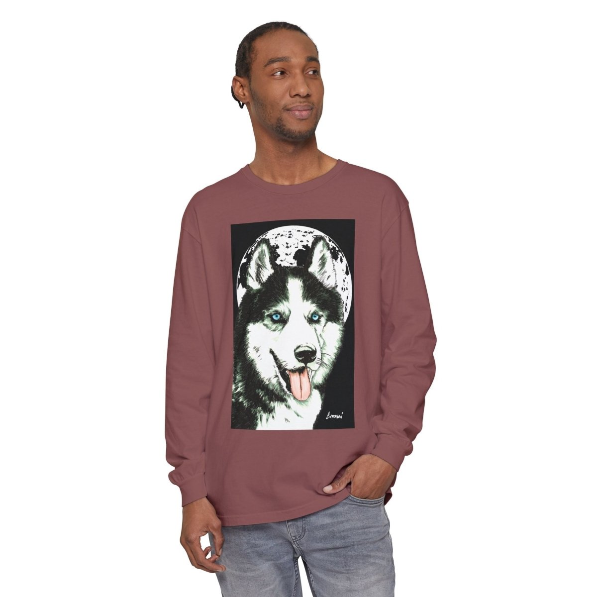 Moonlit Husky Long Sleeve T-Shirt | Cozy Unisex Graphic Tee for Dog Lovers - Curran Artworks