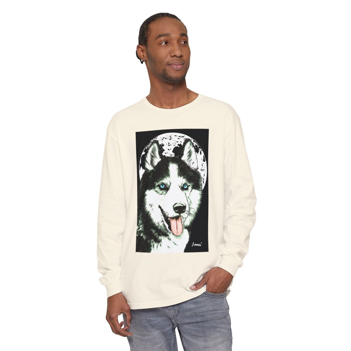 Moonlit Husky Long Sleeve T-Shirt | Cozy Unisex Graphic Tee for Dog Lovers - Curran Artworks
