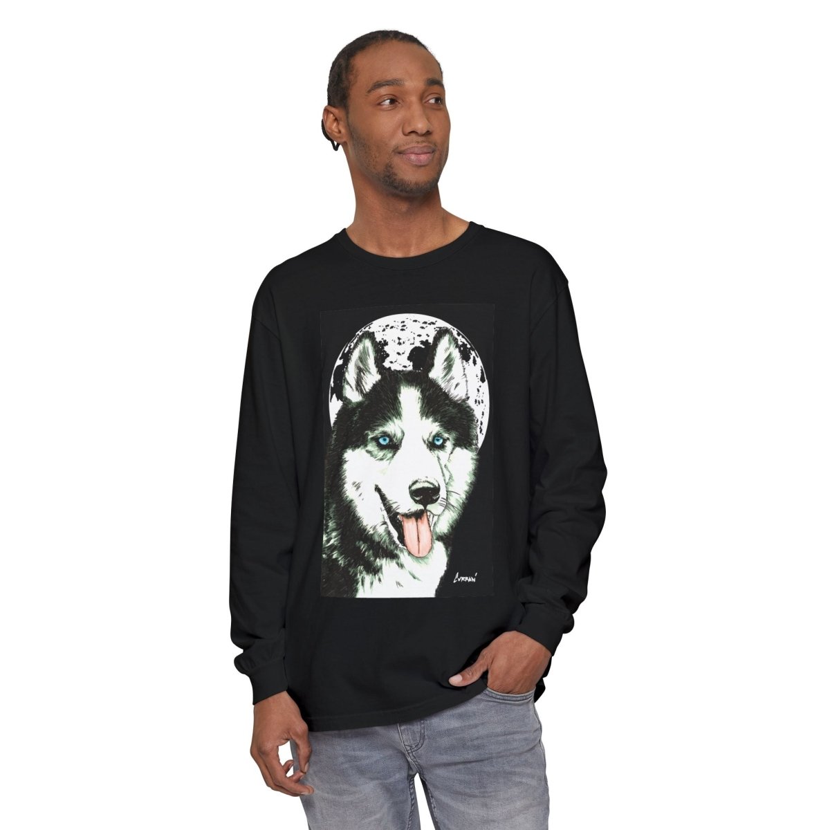 Moonlit Husky Long Sleeve T-Shirt | Cozy Unisex Graphic Tee for Dog Lovers - Curran Artworks