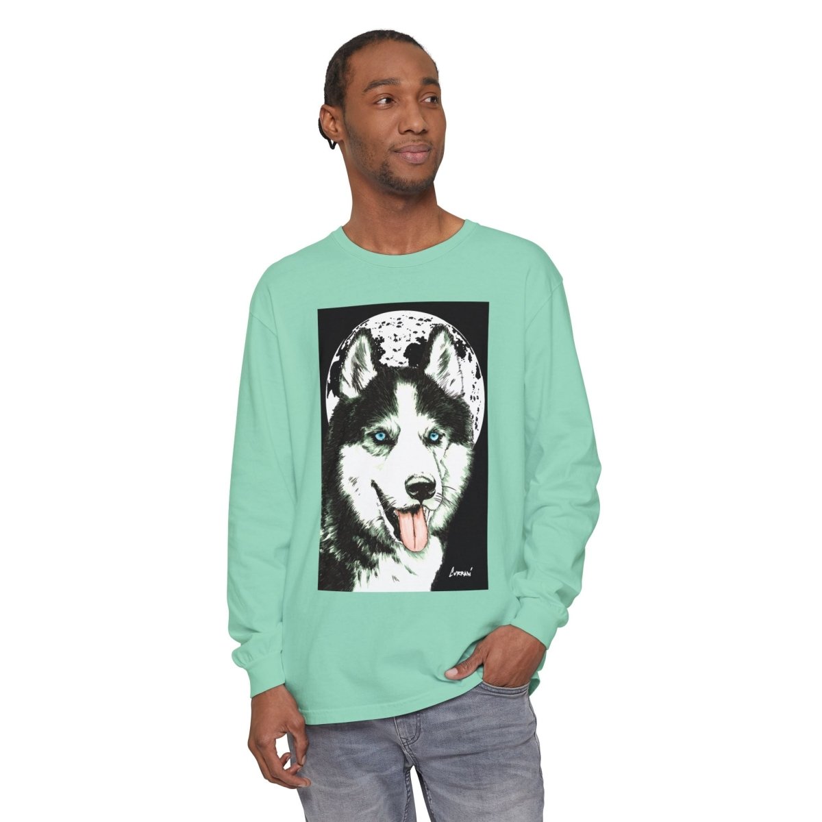 Moonlit Husky Long Sleeve T-Shirt | Cozy Unisex Graphic Tee for Dog Lovers - Curran Artworks