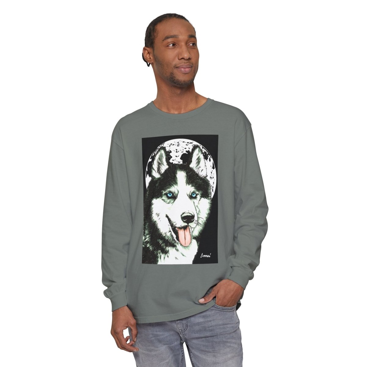 Moonlit Husky Long Sleeve T-Shirt | Cozy Unisex Graphic Tee for Dog Lovers - Curran Artworks