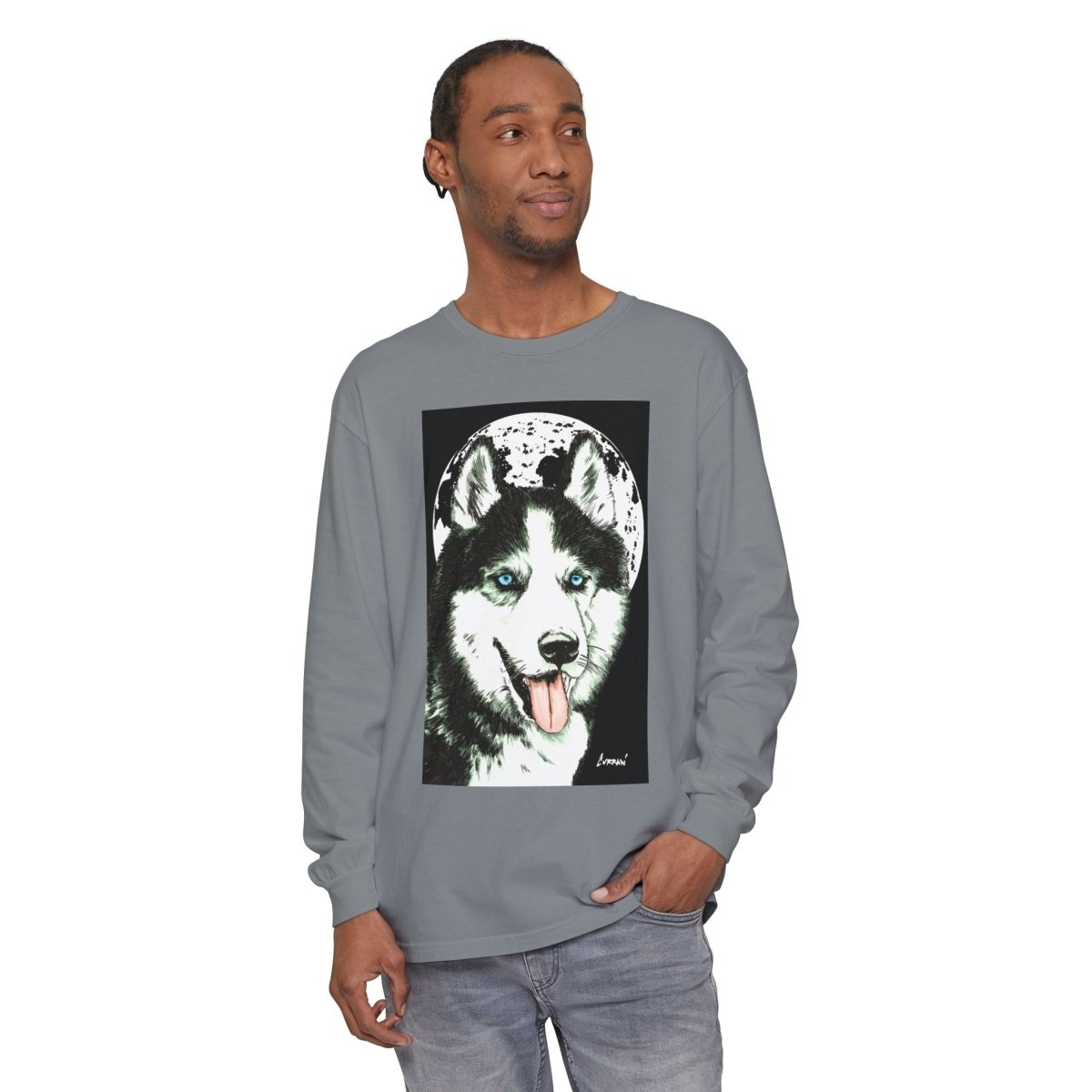 Moonlit Husky Long Sleeve T-Shirt | Cozy Unisex Graphic Tee for Dog Lovers - Curran Artworks