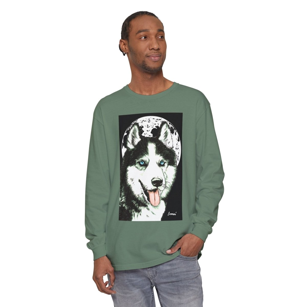 Moonlit Husky Long Sleeve T-Shirt | Cozy Unisex Graphic Tee for Dog Lovers - Curran Artworks