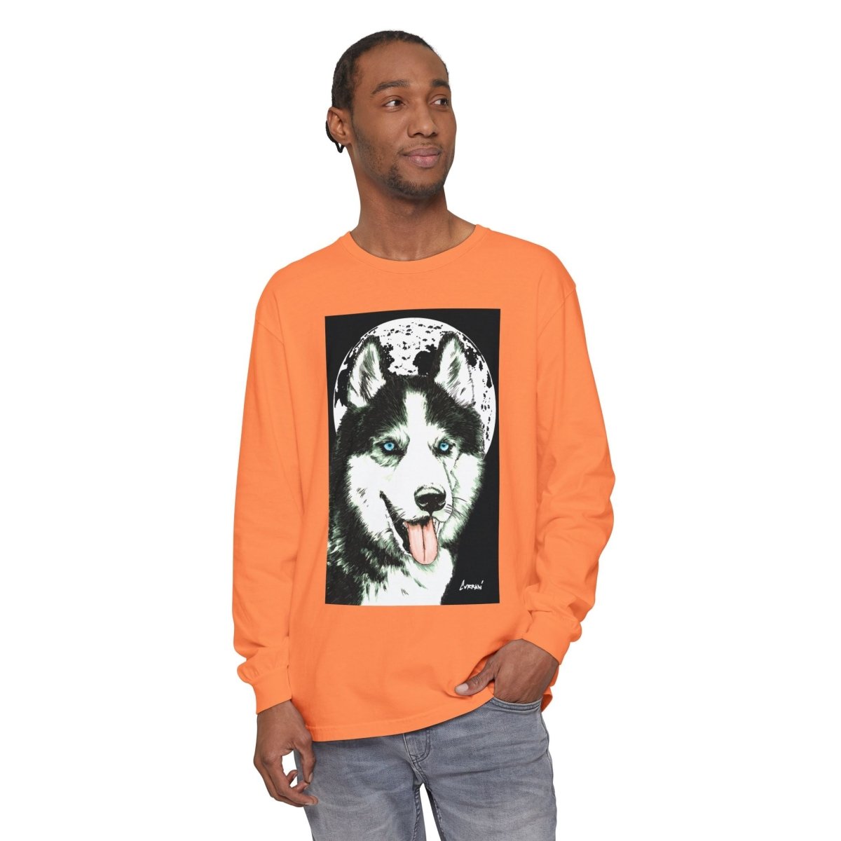 Moonlit Husky Long Sleeve T-Shirt | Cozy Unisex Graphic Tee for Dog Lovers - Curran Artworks
