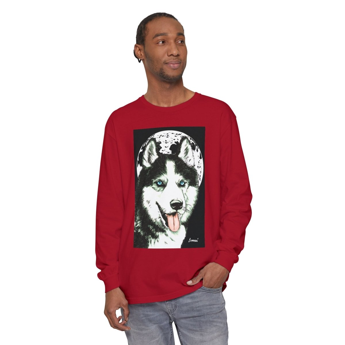 Moonlit Husky Long Sleeve T-Shirt | Cozy Unisex Graphic Tee for Dog Lovers - Curran Artworks