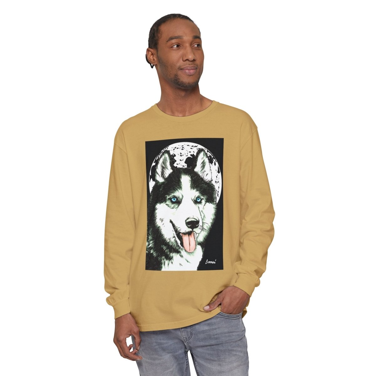 Moonlit Husky Long Sleeve T-Shirt | Cozy Unisex Graphic Tee for Dog Lovers - Curran Artworks