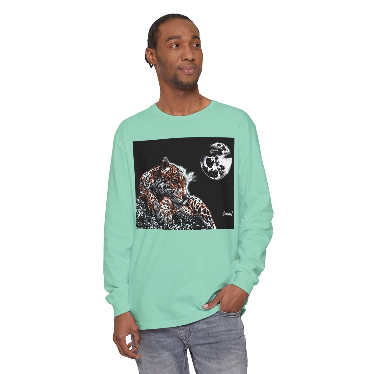 Moonlit Leopard Long Sleeve T-Shirt - Unisex Garment - Dyed Nature Tee - Curran Artworks