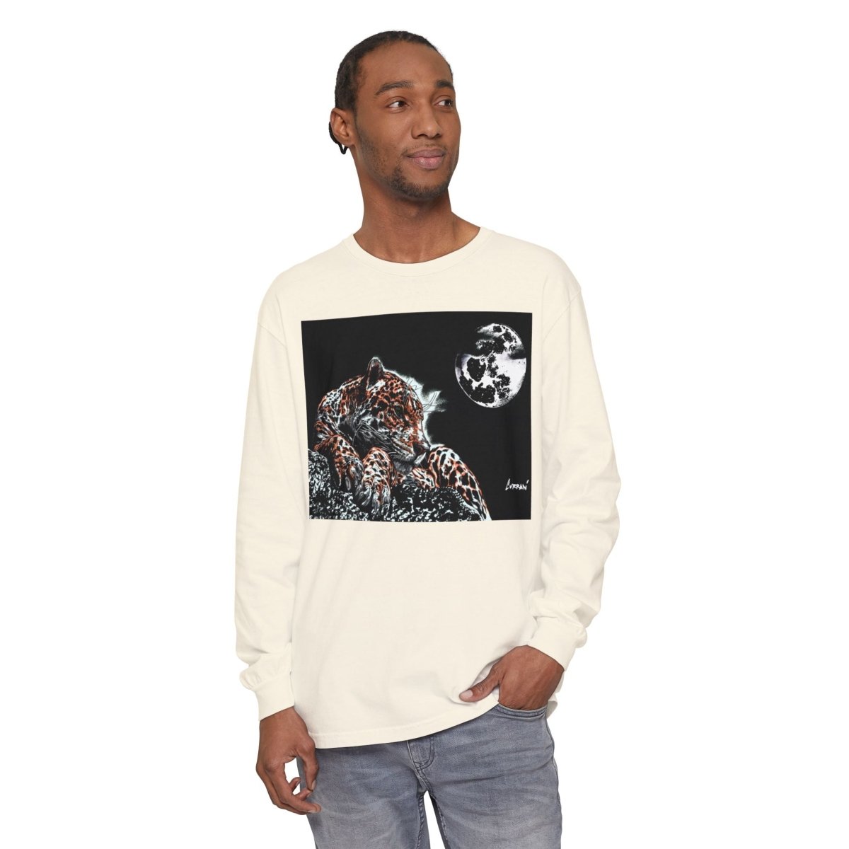 Moonlit Leopard Long Sleeve T-Shirt - Unisex Garment - Dyed Nature Tee - Curran Artworks