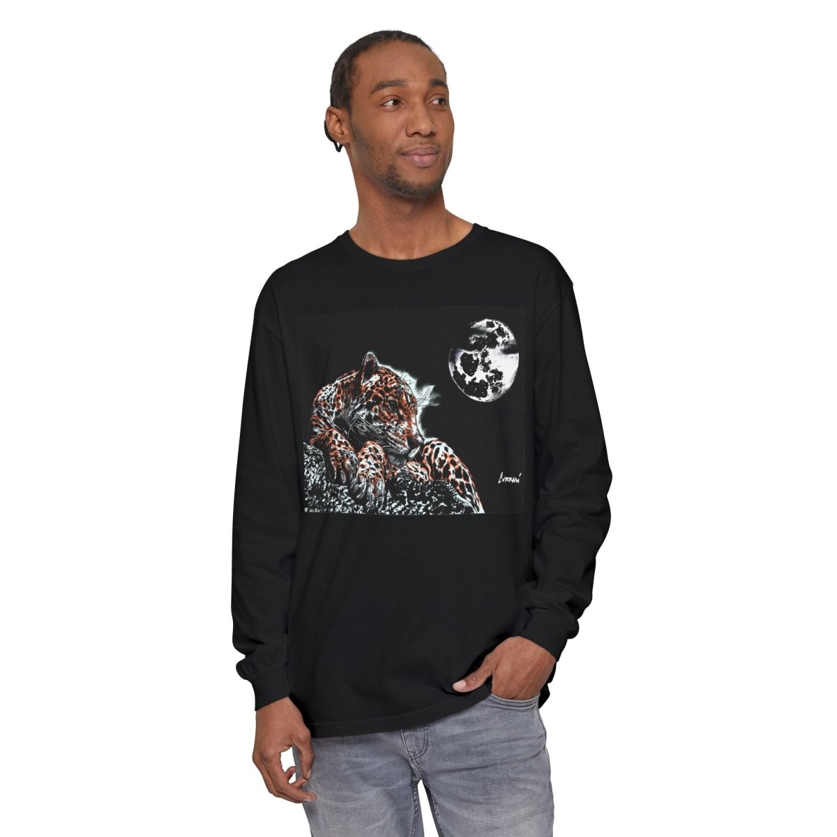 Moonlit Leopard Long Sleeve T-Shirt - Unisex Garment - Dyed Nature Tee - Curran Artworks