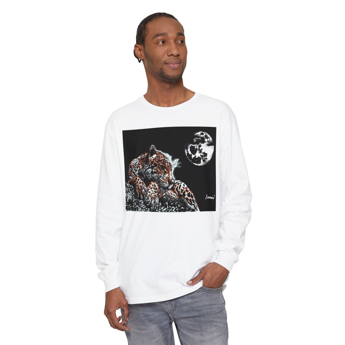 Moonlit Leopard Long Sleeve T-Shirt - Unisex Garment - Dyed Nature Tee - Curran Artworks
