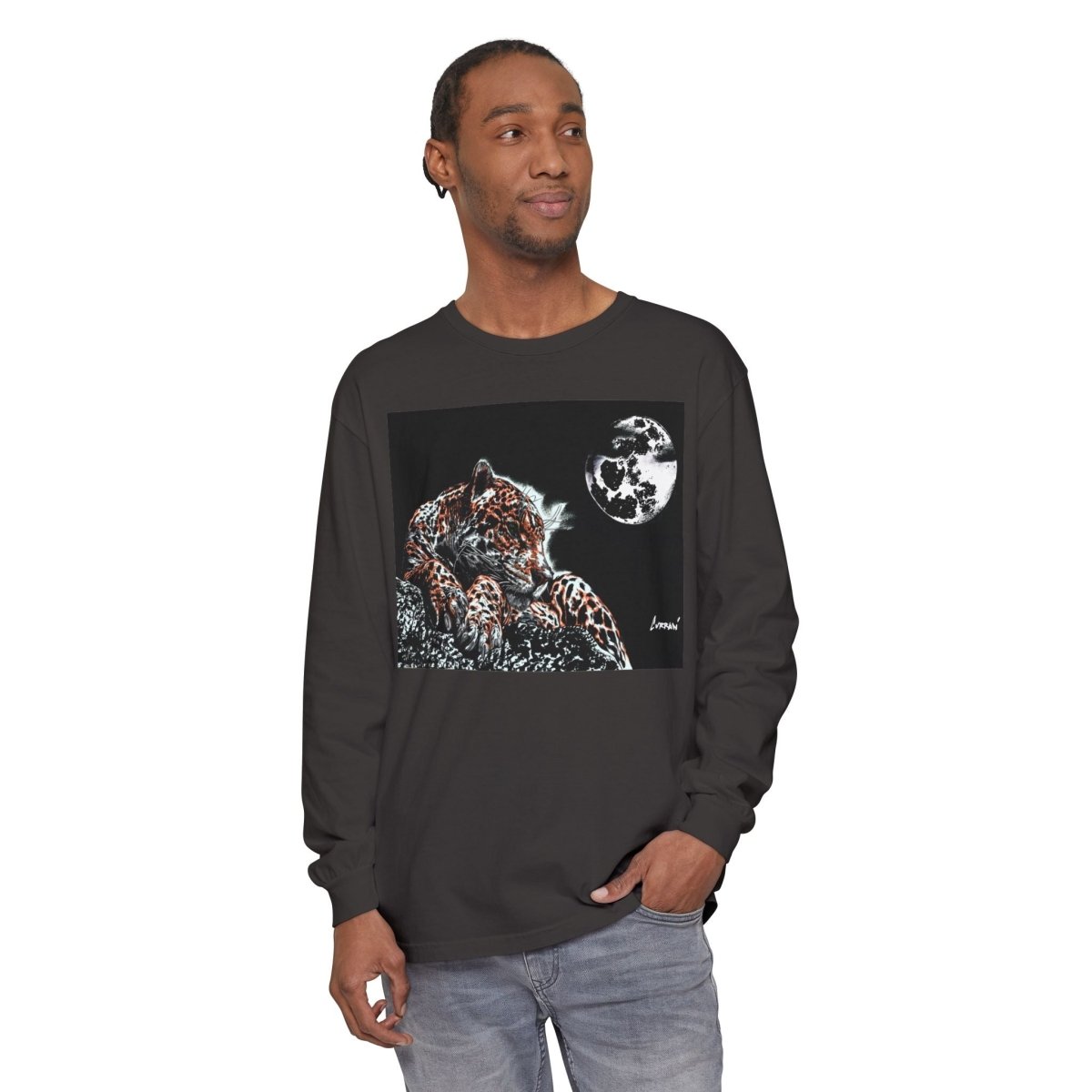 Moonlit Leopard Long Sleeve T-Shirt - Unisex Garment - Dyed Nature Tee - Curran Artworks