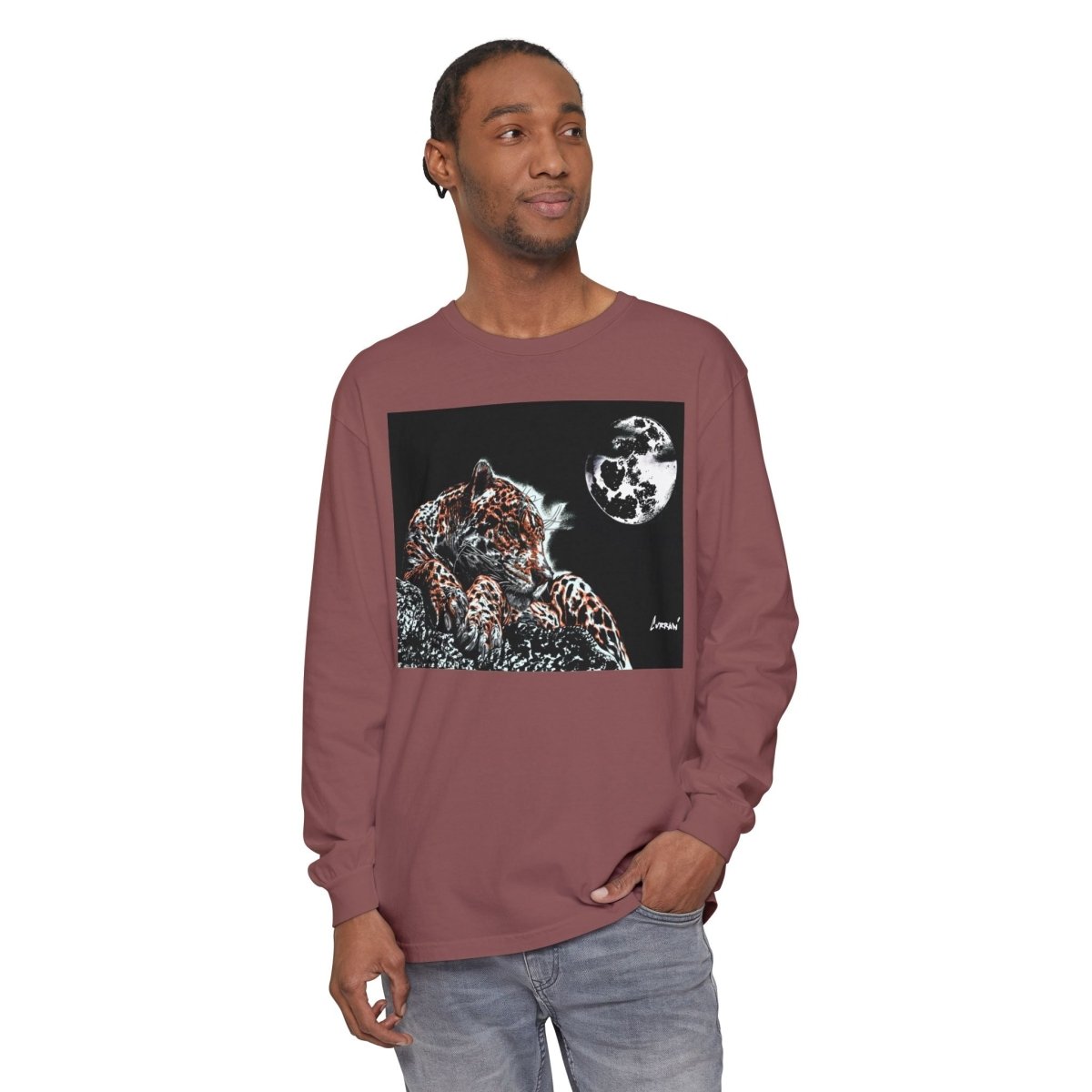 Moonlit Leopard Long Sleeve T-Shirt - Unisex Garment - Dyed Nature Tee - Curran Artworks