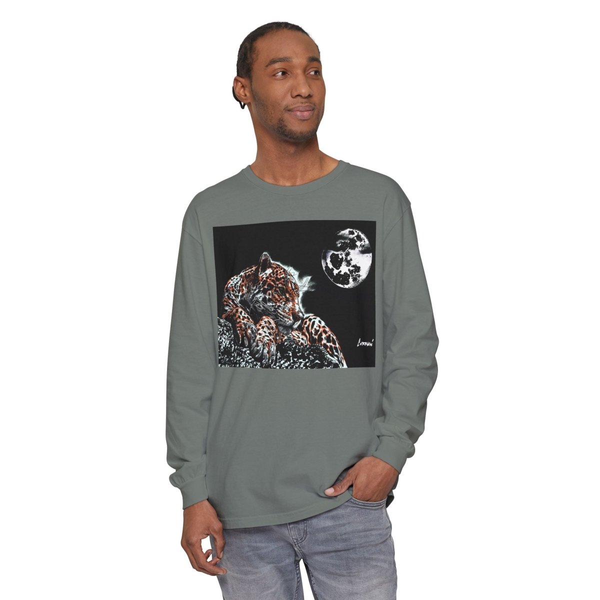 Moonlit Leopard Long Sleeve T-Shirt - Unisex Garment - Dyed Nature Tee - Curran Artworks