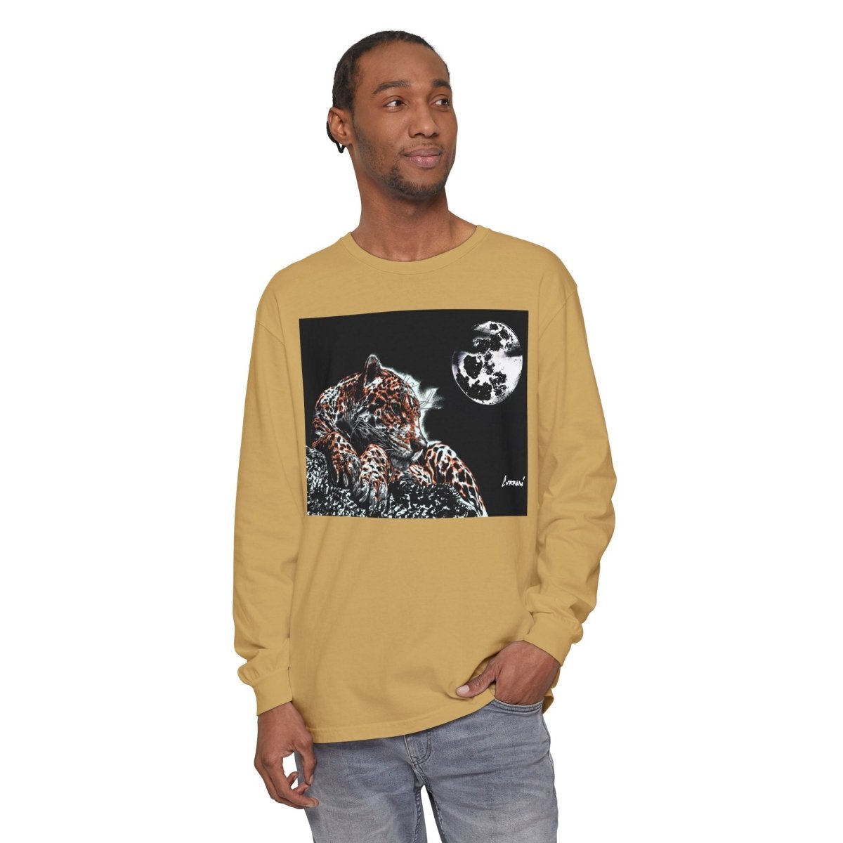 Moonlit Leopard Long Sleeve T-Shirt - Unisex Garment - Dyed Nature Tee - Curran Artworks