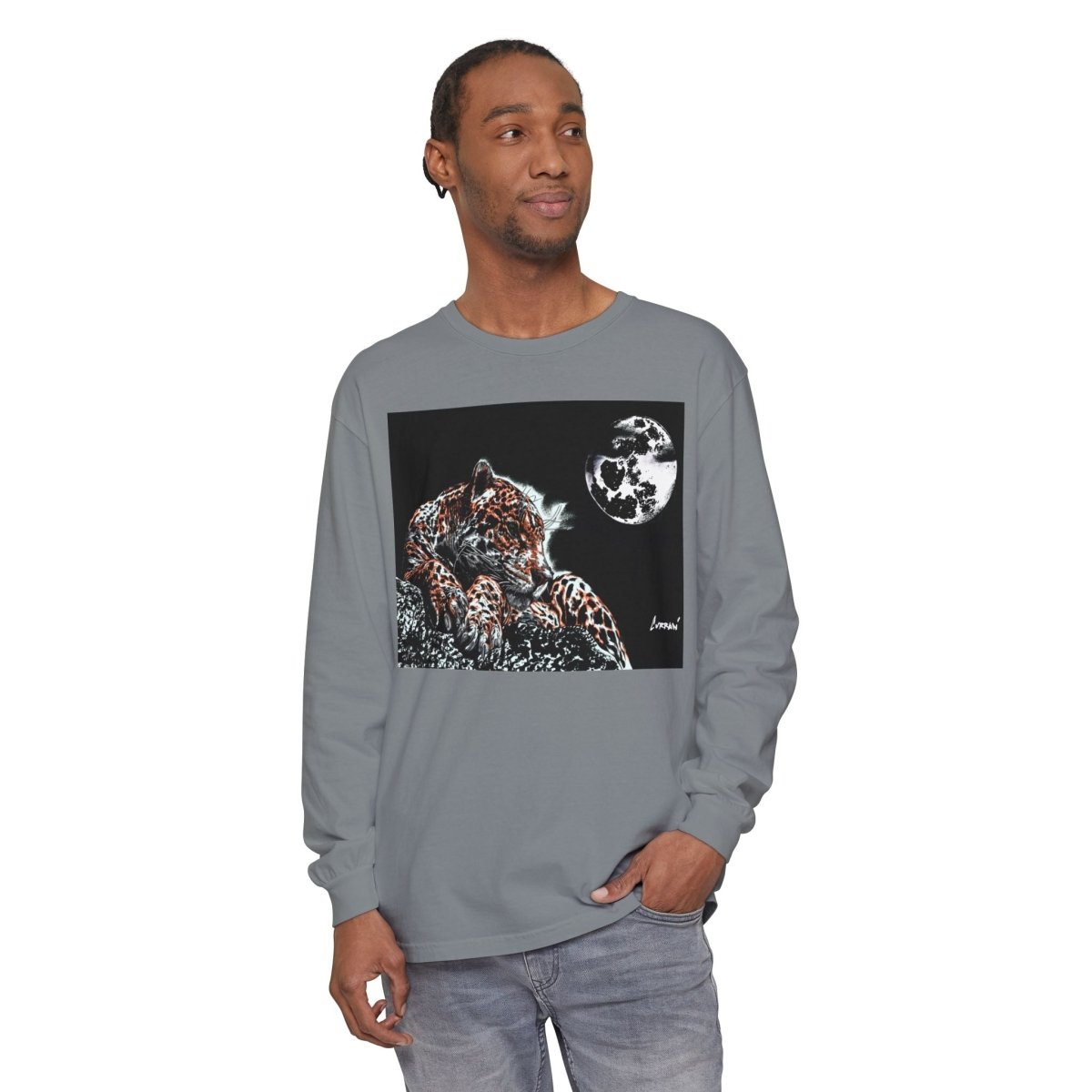 Moonlit Leopard Long Sleeve T-Shirt - Unisex Garment - Dyed Nature Tee - Curran Artworks
