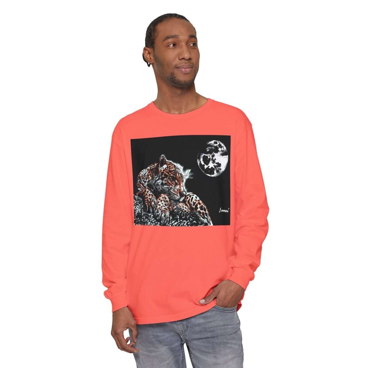 Moonlit Leopard Long Sleeve T-Shirt - Unisex Garment - Dyed Nature Tee - Curran Artworks