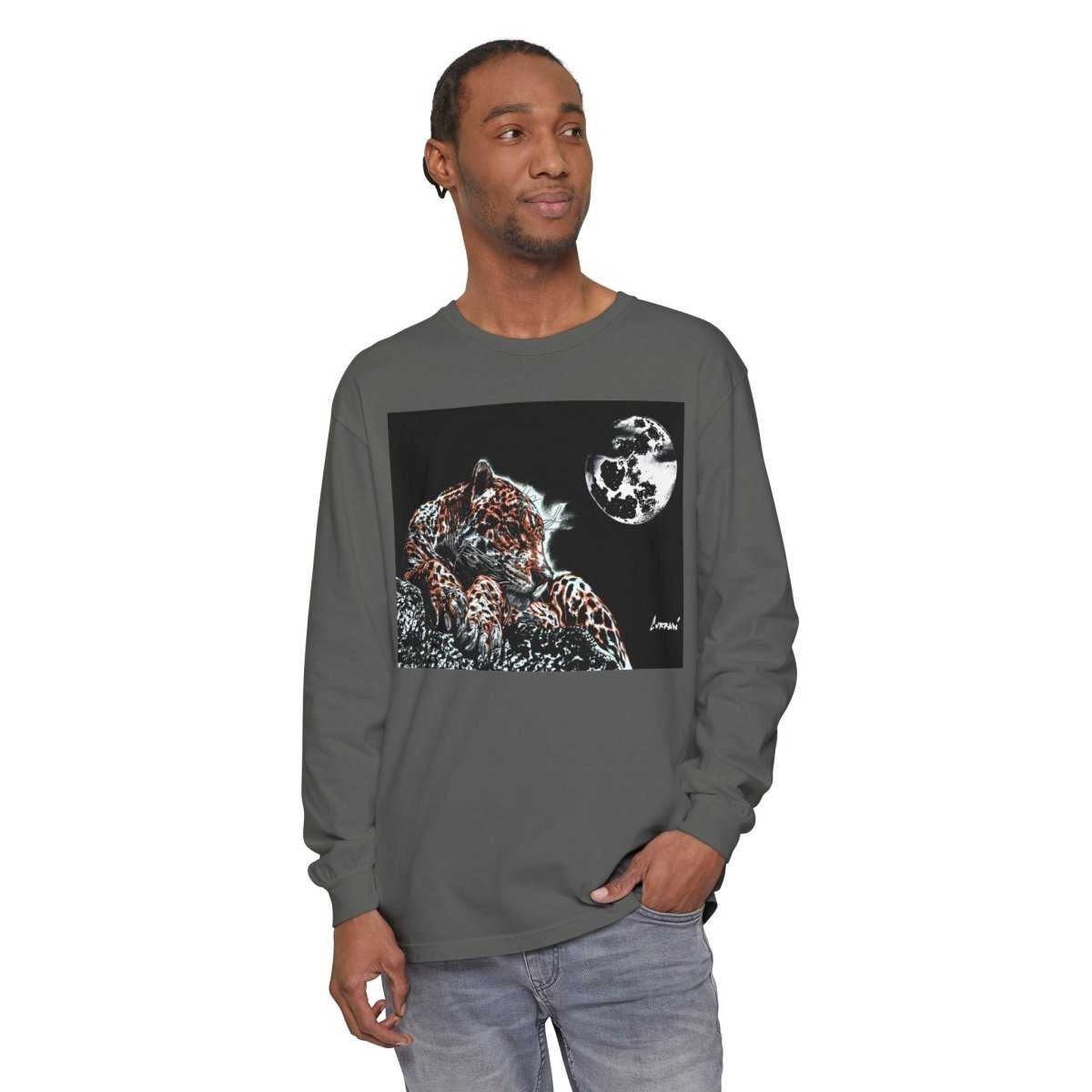Moonlit Leopard Long Sleeve T-Shirt - Unisex Garment - Dyed Nature Tee - Curran Artworks