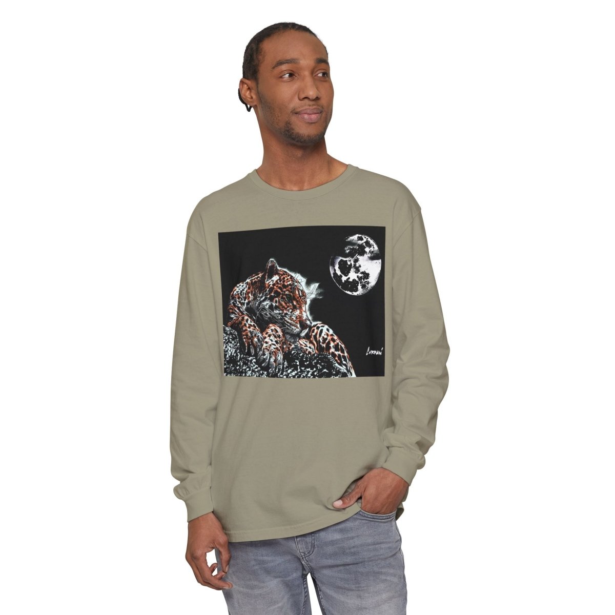 Moonlit Leopard Long Sleeve T-Shirt - Unisex Garment - Dyed Nature Tee - Curran Artworks