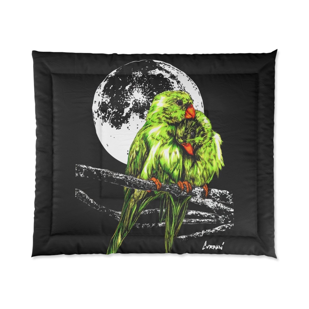 Moonlit Lovebirds Comforter - Vibrant Green Bird Design for Cozy Home Decor - Curran Artworks