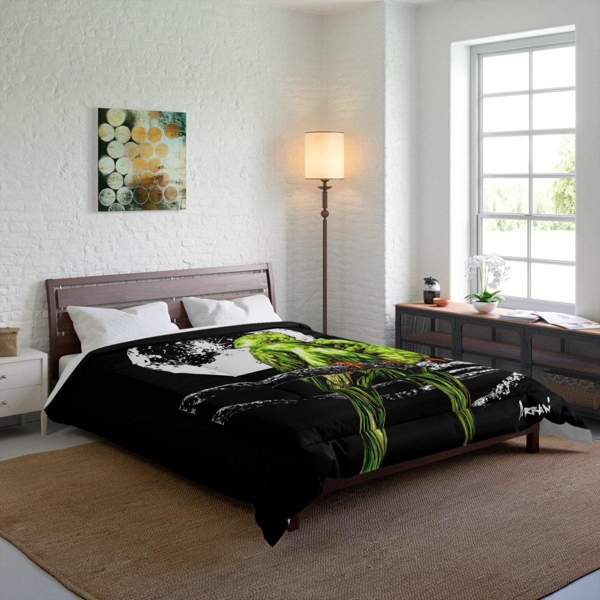 Moonlit Lovebirds Comforter - Vibrant Green Bird Design for Cozy Home Decor - Curran Artworks