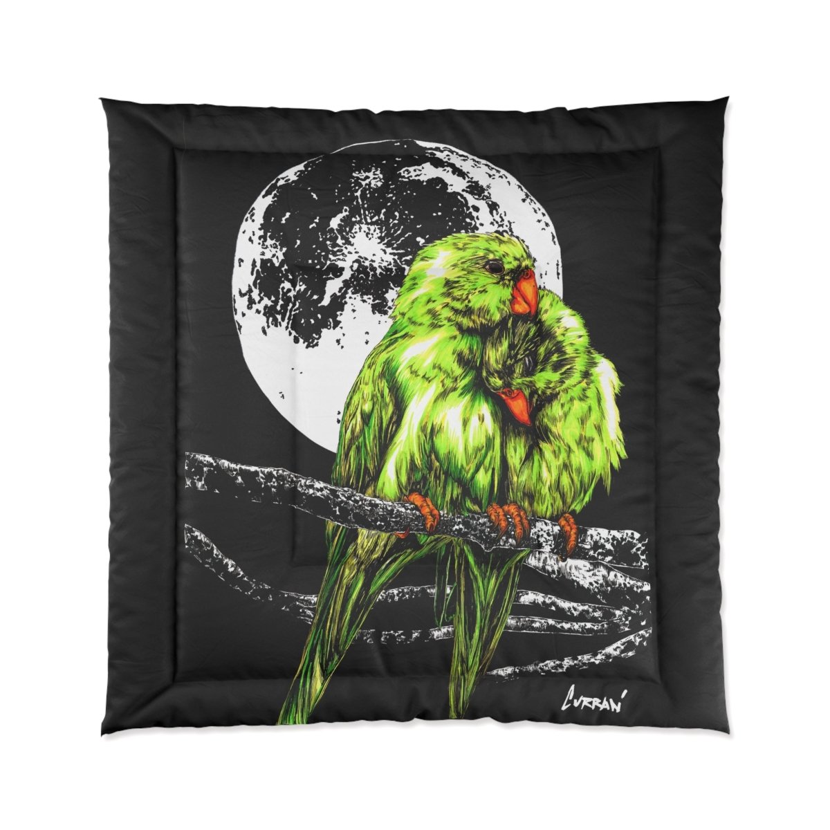 Moonlit Lovebirds Comforter - Vibrant Green Bird Design for Cozy Home Decor - Curran Artworks