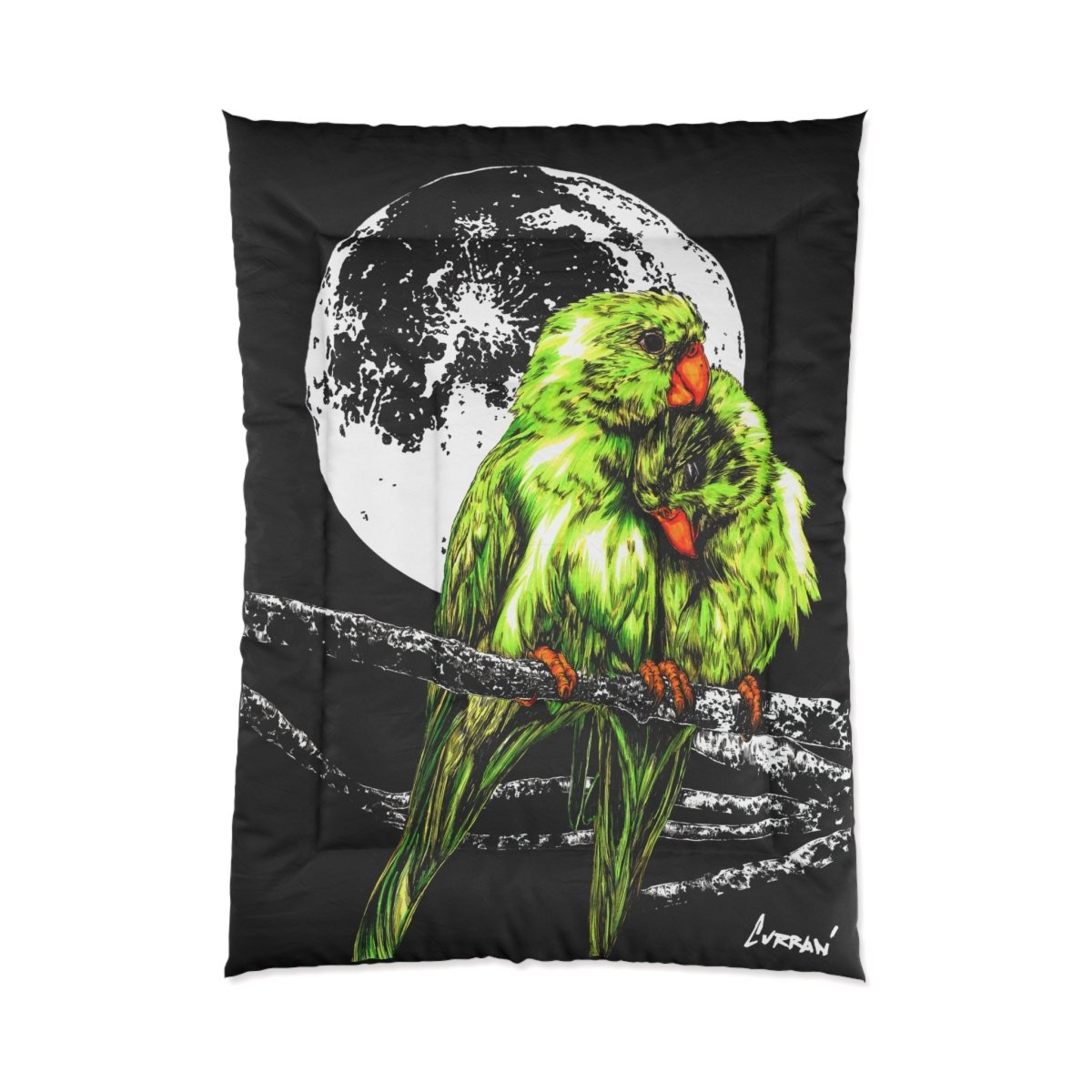 Moonlit Lovebirds Comforter - Vibrant Green Bird Design for Cozy Home Decor - Curran Artworks