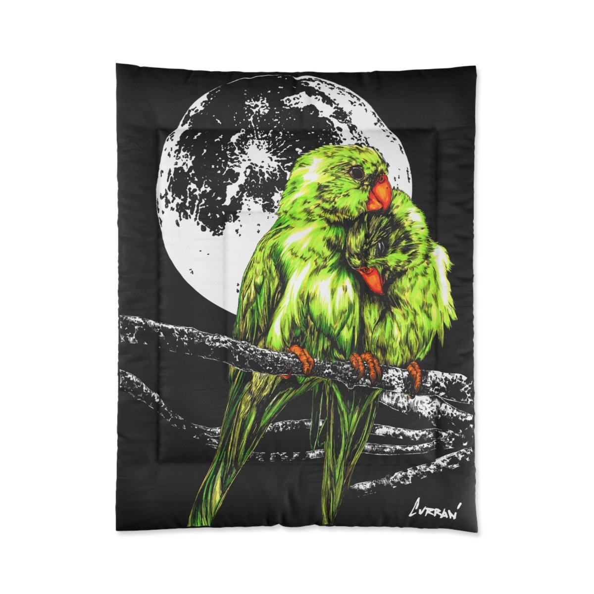 Moonlit Lovebirds Comforter - Vibrant Green Bird Design for Cozy Home Decor - Curran Artworks