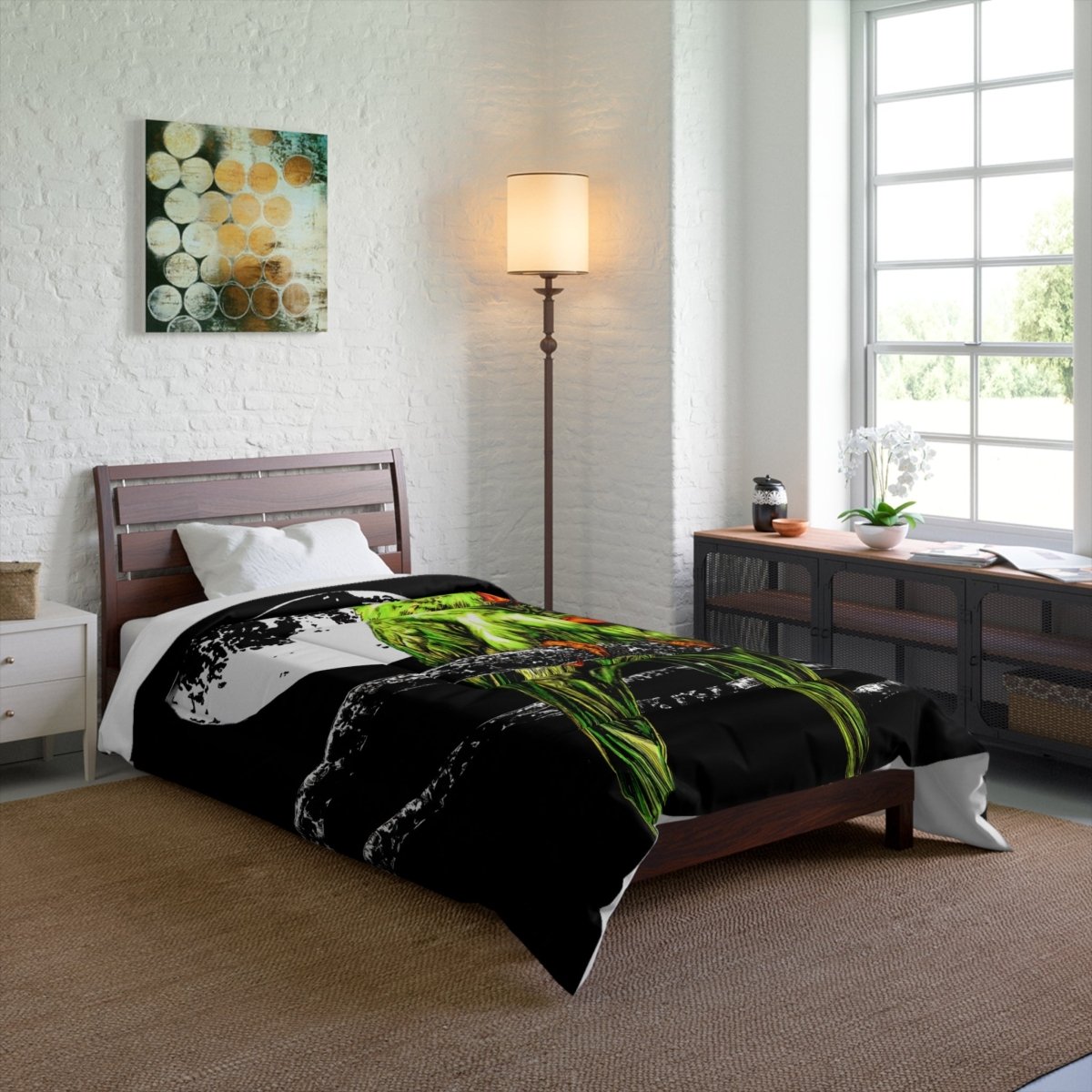 Moonlit Lovebirds Comforter - Vibrant Green Bird Design for Cozy Home Decor - Curran Artworks