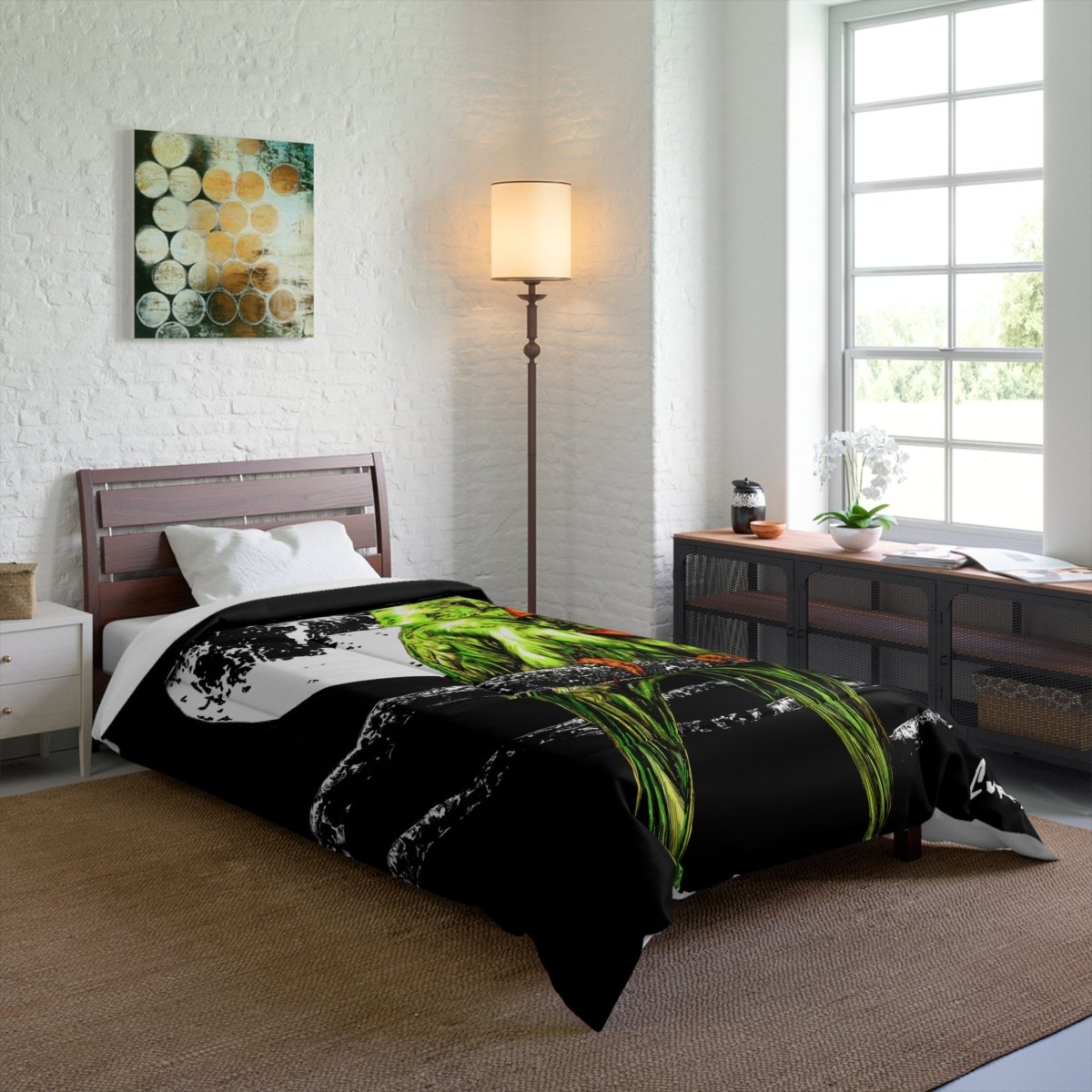 Moonlit Lovebirds Comforter - Vibrant Green Bird Design for Cozy Home Decor - Curran Artworks
