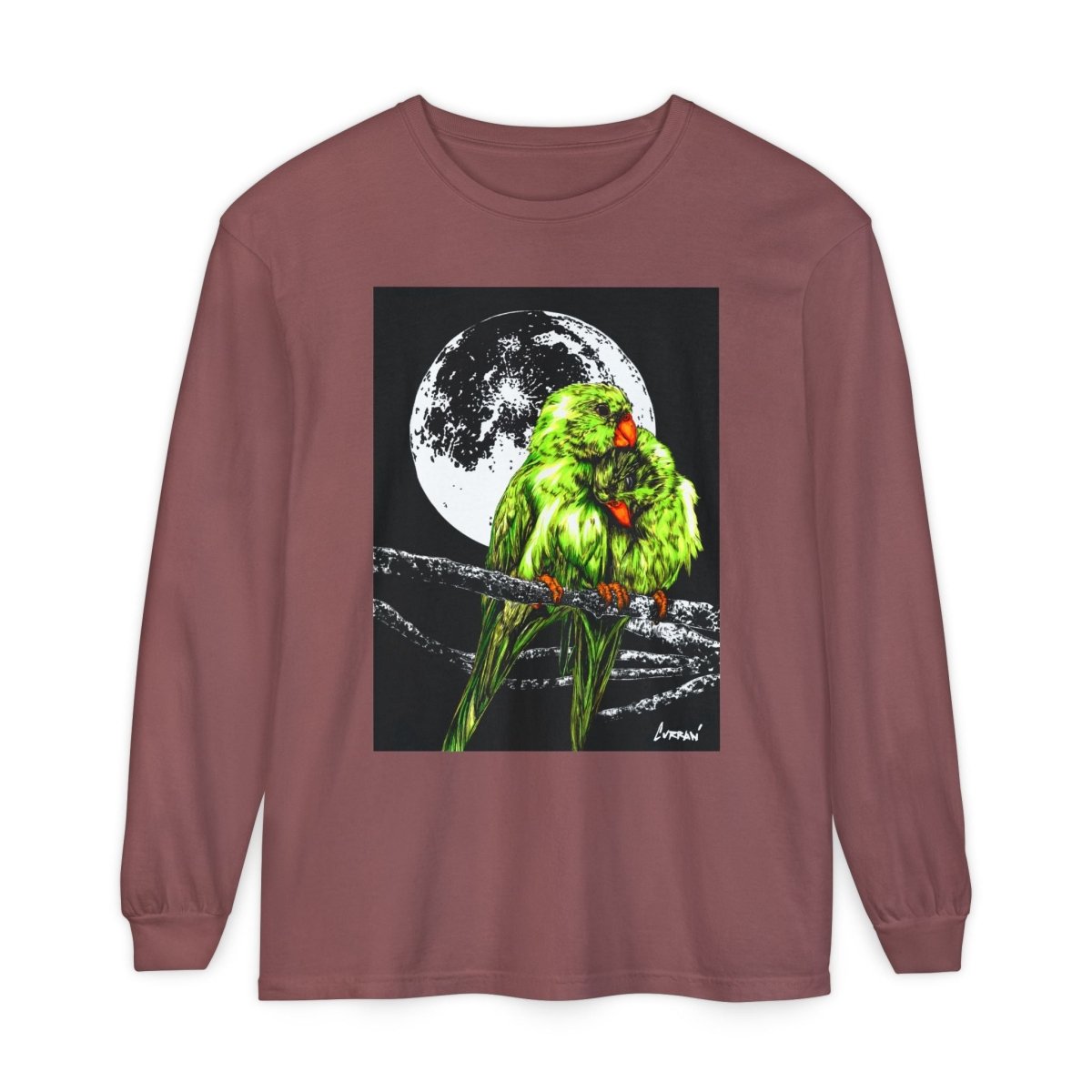 Moonlit Parrots Long Sleeve T-Shirt - Nature Lovers Unisex Tee - Curran Artworks