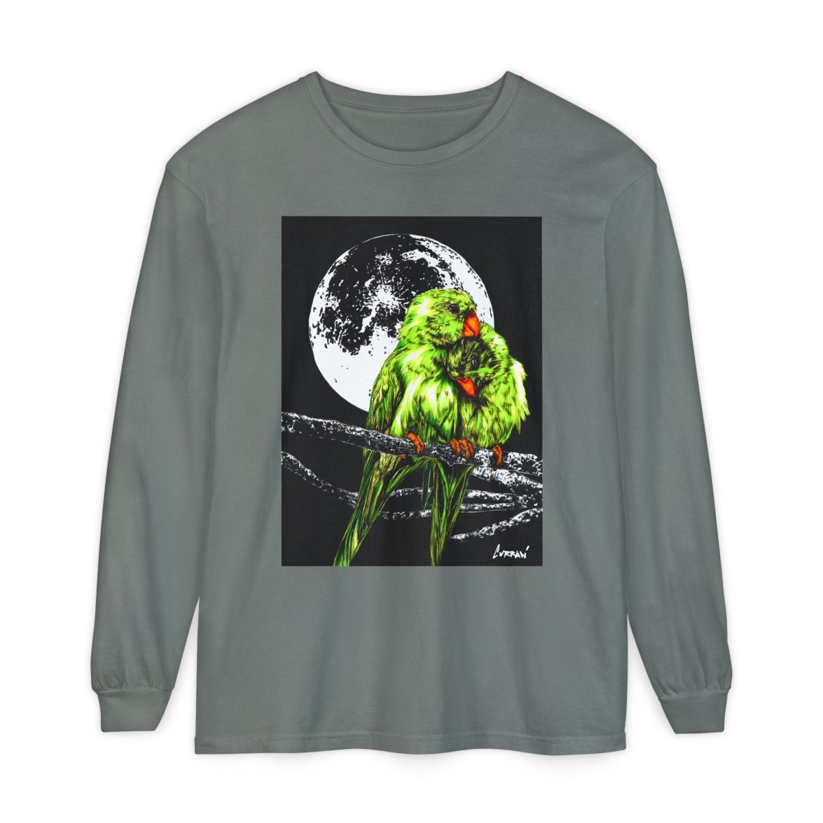 Moonlit Parrots Long Sleeve T-Shirt - Nature Lovers Unisex Tee - Curran Artworks