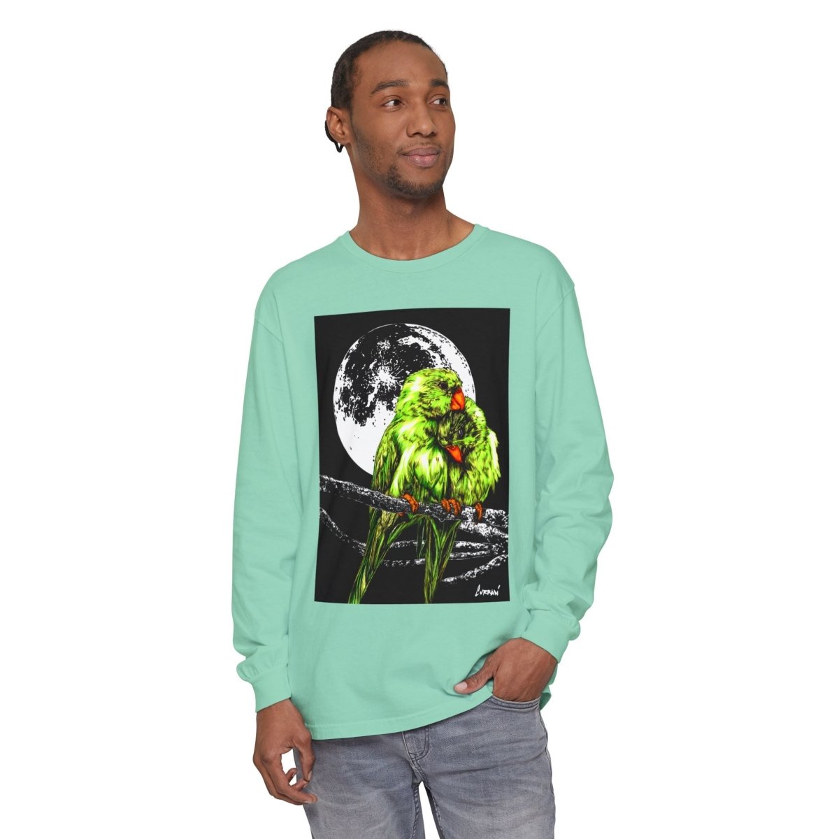 Moonlit Parrots Long Sleeve T-Shirt - Nature Lovers Unisex Tee - Curran Artworks